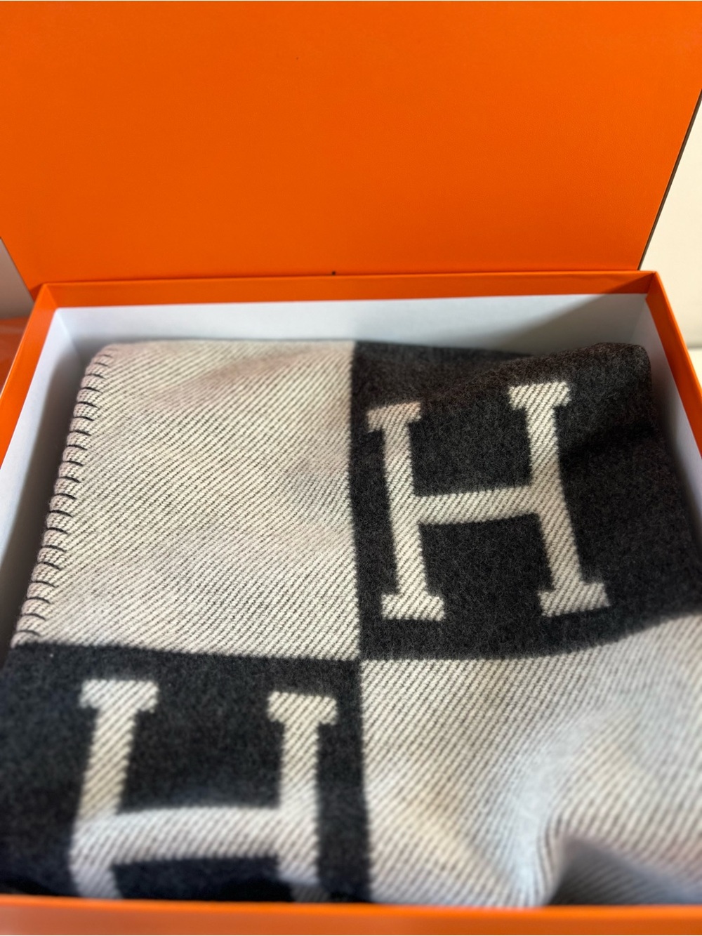 Hermes Black and Ivory H-Pattern Wool Throw